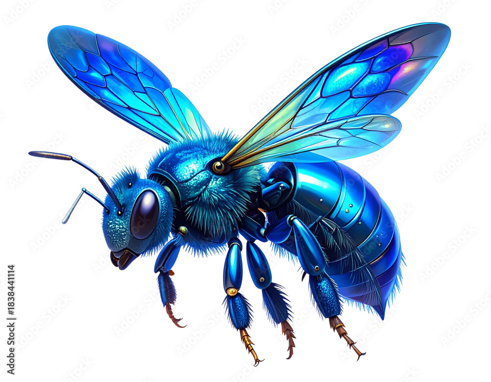 Obraz premium Futuristic Metallic Blue Bee in Hovering Flight – Iridescent Wings, Transparent Background 