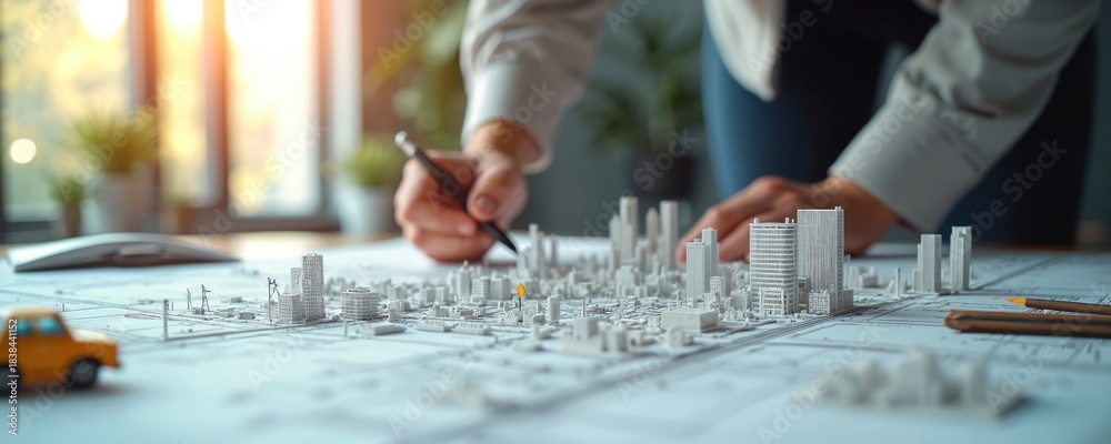 Fototapeta premium Architect works on urban city design project. Engineer draws lines on plan near building models. Constructor creates architecture project blueprint. Planners work on construction of infrastructure