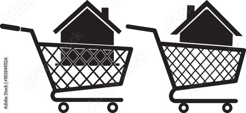 Two shopping carts with houses inside symbolizing buying or selling real estate