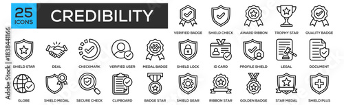 Credibility Icon Collection Set. Containing Design Verified Badge, Shield Check, Award Ribbon, Trophy Star, Quality Badge