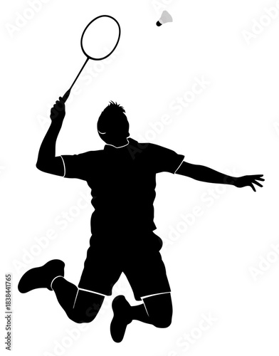 Silhouette of a Badminton Player Jumping to Smash Shuttlecock in Dynamic Action