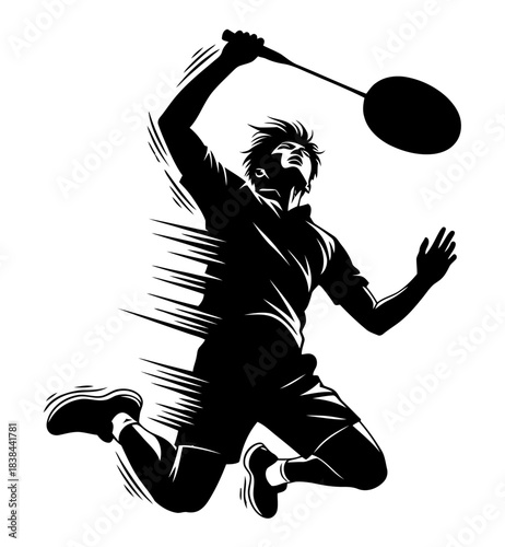 Dynamic Silhouette of a Badminton Player Executing a Powerful Smash in Mid Air Capturing the Intensity and Speed of the Sport