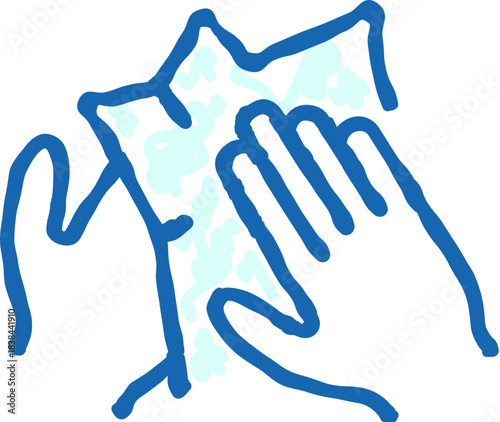 Hands wiping surface with wet disinfectant wipe