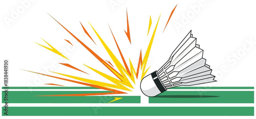 Fast Badminton Smash Explosion Shuttlecock Impact on Court Line Illustration