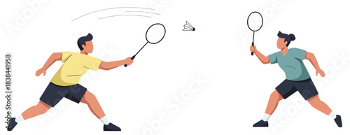 Two athletes playing badminton dynamic action illustration of competitive sport and recreation