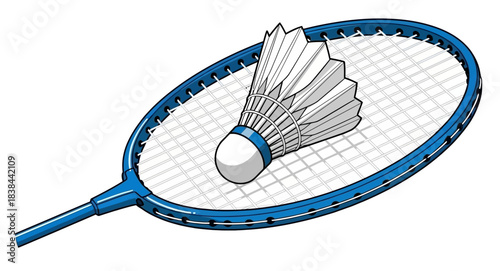 Close up view of a blue badminton racket with a white shuttlecock resting on the strings symbolizing active sport and recreation