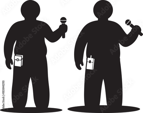 Two journalists holding microphones in a silhouette style