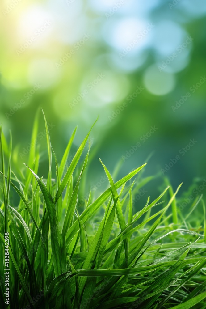 Naklejka premium Vibrant green grass blades in sunlit garden with blurred nature background