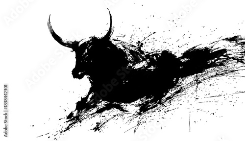 Dynamic black ink bull illustration symbolizing Chinese zodiac ox year with traditional brush stroke painting style