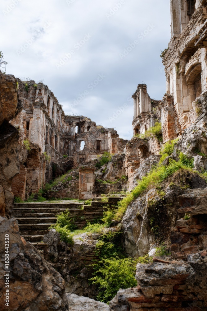 Fototapeta premium Ancient stone ruins with overgrown vegetation and dramatic sky