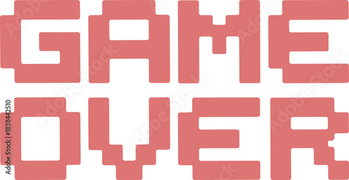 Game Over pixel text design, pink retro gaming typography, bold arcade style lettering, video game screen message vector graphic illustration