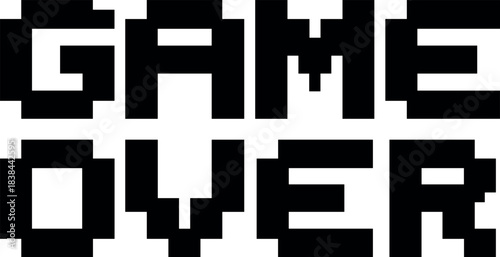 Game Over pixel text design, retro gaming style typography, bold block letters, video game screen message, arcade vector graphic illustration