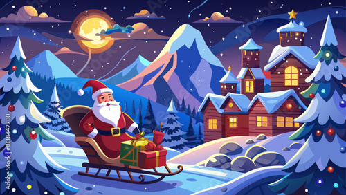 Very beautiful scene of Santa guiding his elegant sleigh through sparkling winter clouds, carrying beautifully wrapped presents, creating a dreamy and enchanting holiday atmosphere filled with warmth,