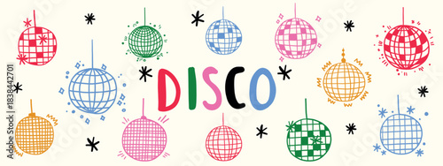 Disco ball doodle icon with flowing lines. Hand drawn party illustration featuring mirror globe sketch. Perfect for nightclub designs, dance events, and retro celebration graphics.