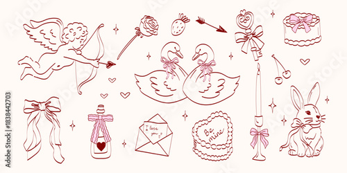 Hand drawn coquette wedding elements. Vintage cute symbols with ribbon and bow in simple crayon sketch style. Trendy art for Valentine day and bachelorette invitations. Doodle vector illustration