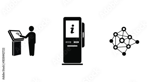 Digital information kiosk fuel pump and network connection icons in black and white