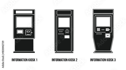 Three black and white illustrations of self service information kiosks
