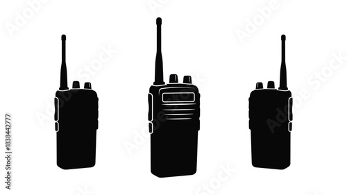 Three black walkie talkies displayed against a plain white background