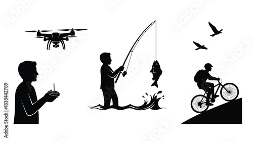 Outdoor recreation scene with fishing drone cycling and bird watching