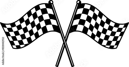 vector black and white crossed racing flags illustration. checkered wavy rally flags isolated on white background	