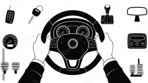 Driving essentials a steering wheel keys and car control components illustration