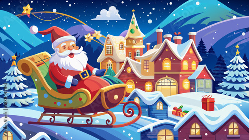 Very beautiful scene of Santa guiding his elegant sleigh through sparkling winter clouds, carrying beautifully wrapped presents, creating a dreamy and enchanting holiday atmosphere filled with warmth,
