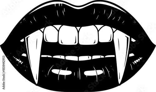 Vector illustration of vampire mouth with fangs in black and white drawing style	