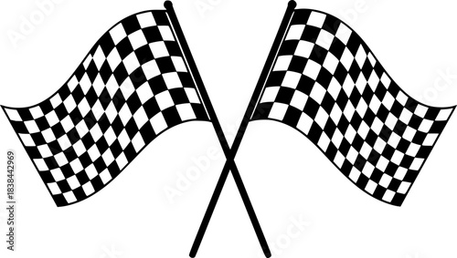 vector black and white crossed racing flags illustration. checkered wavy rally flags isolated on white background	