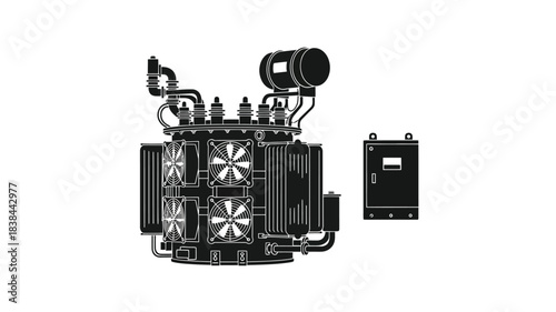 Detailed illustration of an industrial power transformer and associated components