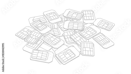 A scattered collection of sim cards in a simple black and white sketch