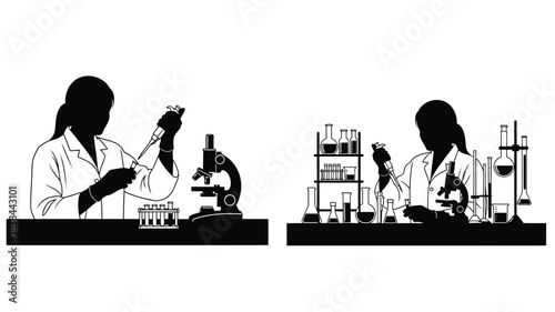 Silhouettes of scientists conducting experiments in a modern laboratory setting