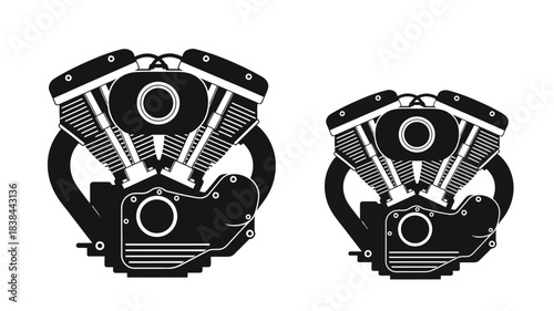 Detailed illustration of two v twin motorcycle engines in black and white