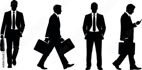Business people silhouettes in motion and posture, walking with briefcases, standing confidently, using smartphone, corporate lifestyle vector illustration