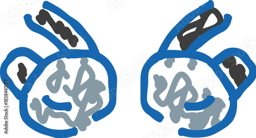 Blue cartoon bunny heads drawing on white background