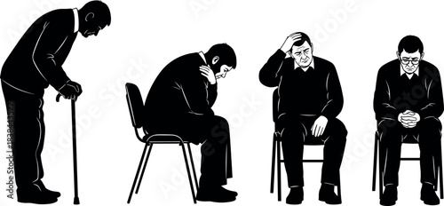 Elderly men in emotional distress and contemplation, seated and standing postures expressing sadness, aging, hardship, introspection, and mental struggle.