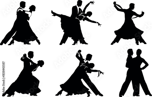 Elegant ballroom dancing couples in silhouette performing classic poses, twirls, dips, and graceful movements in formal attire for vector art.