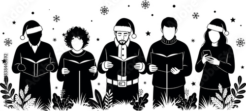 Group of people singing Christmas carols outdoors in winter, wearing Santa hats, celebrating festive holiday season with joy and community spirit