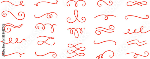 Elegant red hand-drawn swirl dividers create a decorative flourish design set. Curly ornamental lines add vintage charm to invitations, branding, and graphic layouts. Stylish vector embellishments per