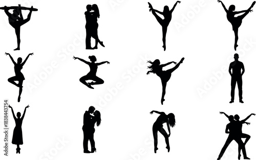 Romantic couple dance silhouettes in elegant poses, expressive movements, passionate embrace, ballet and tango styles for artistic vector content