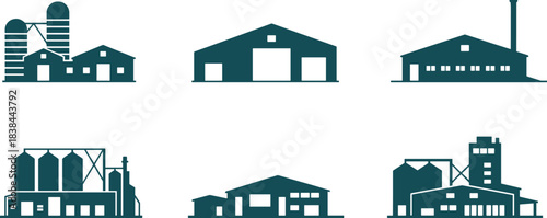 Farm building silhouettes including barns, silos, and agricultural warehouses, rural industrial structures icons for farming, storage, grain processing, and countryside facility illustrations