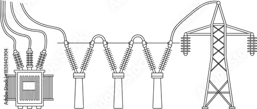 High voltage electrical power transmission system diagram showing transformer, insulators, conductors and transmission tower infrastructure for energy distribution 