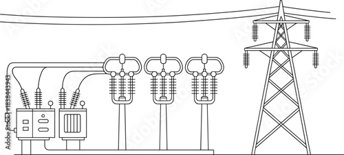 High voltage electrical substation schematic with transformer, circuit breaker, insulators and transmission tower power distribution infrastructure illustration engineering energy grid system vector