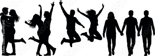 Romantic couples silhouette set showing love, joy, dancing, walking, jumping, embracing, celebrating together in expressive vector poses