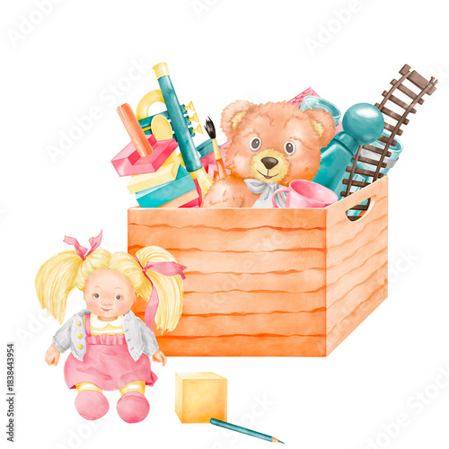 A box full of children's toys. Some of the toys are next to the box. Watercolor illustration on a white background. Concept for toy storage, toy donations, and children's charity. Teddy bear, doll
