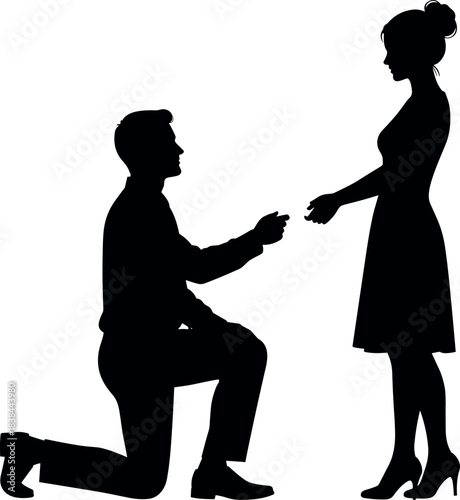 Romantic marriage proposal silhouette of man kneeling with ring to woman, love commitment moment, vector illustration for stock content