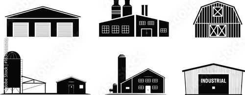 Industrial and agricultural building icons collection, factory warehouse barn silo illustrations, modern farm structures, storage facility silhouettes, industry 