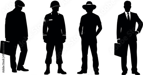 Silhouette illustration of diverse professions including businessperson, soldier, cowboy, and executive showcasing occupational diversity and career roles in society