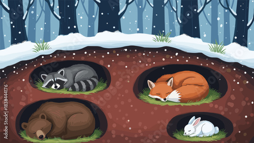 Cute animals sleeping in burrows under the ground in winter forest; bear; fox; raccoon; and rabbit hibernating; snow falling; nature illustration; wildlife.