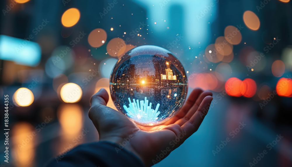 Fototapeta premium Hand holds clear crystal ball. Glowing city skyline reflects inside sphere. Blue tech elements pulse below city buildings. Blurred urban street with bokeh lights creates future vision, global