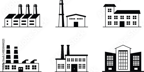 Industrial building icons set, factory and plant silhouettes, manufacturing facility illustrations, production infrastructure symbols, industry architecture graphics, energy and industrial structure 